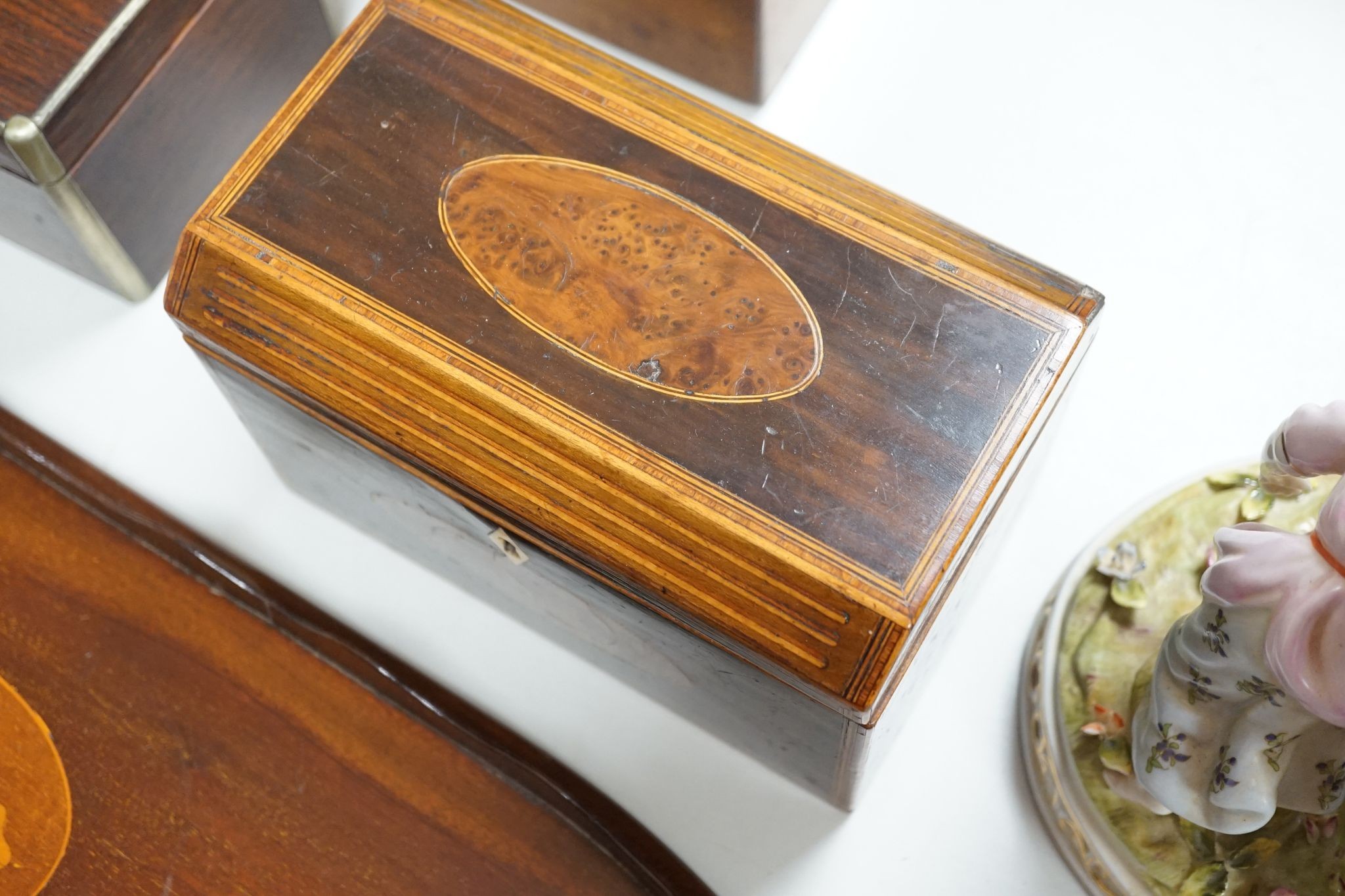 Two Victorian tea caddies, writing slope and an Edwardian inlaid tea tray, 56.5cm